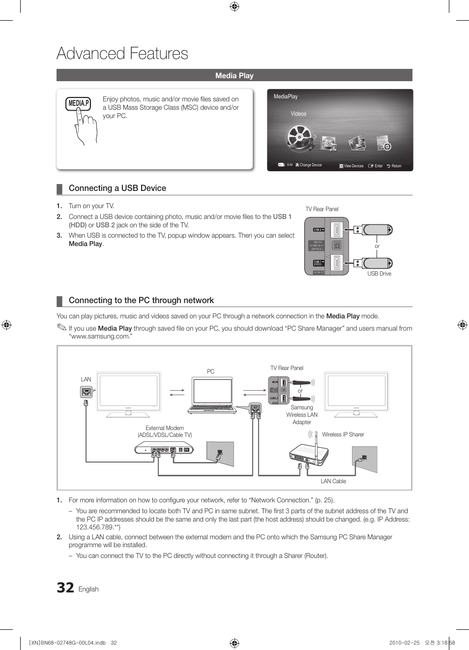 Advanced features | Samsung UE55C6000RW User Manual | Page 32 / 217