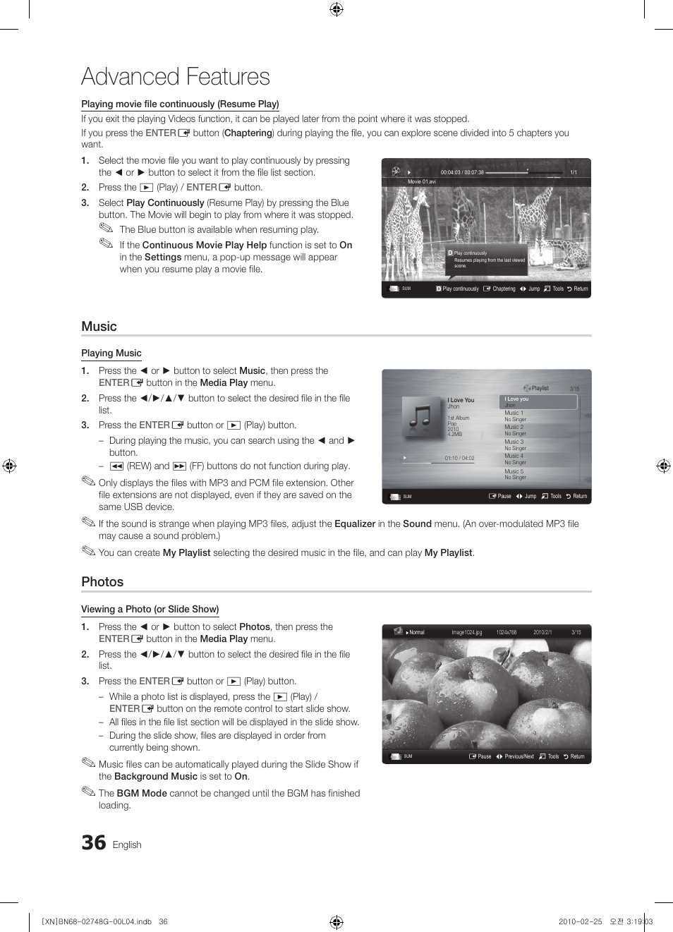 Advanced features, Music, Photos | Samsung UE55C6000RW User Manual | Page 36 / 217