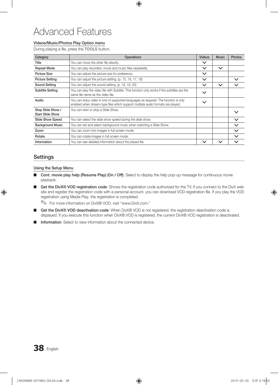 Advanced features, Settings | Samsung UE55C6000RW User Manual | Page 38 / 217