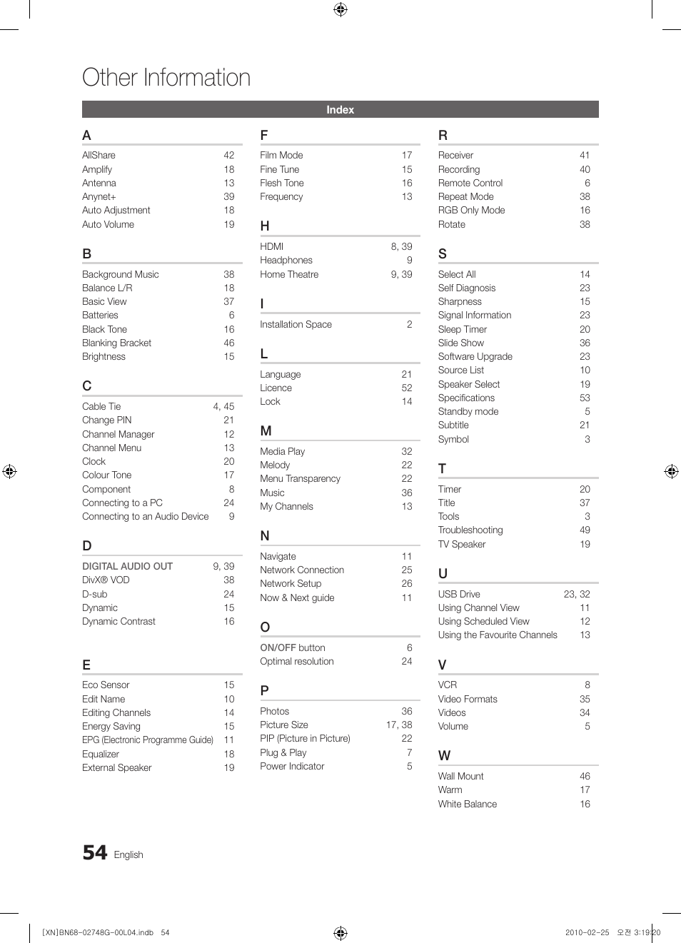 Other information | Samsung UE55C6000RW User Manual | Page 54 / 217