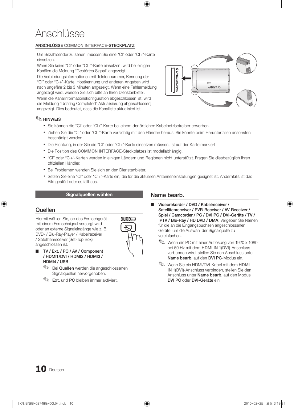 Anschlüsse | Samsung UE55C6000RW User Manual | Page 64 / 217