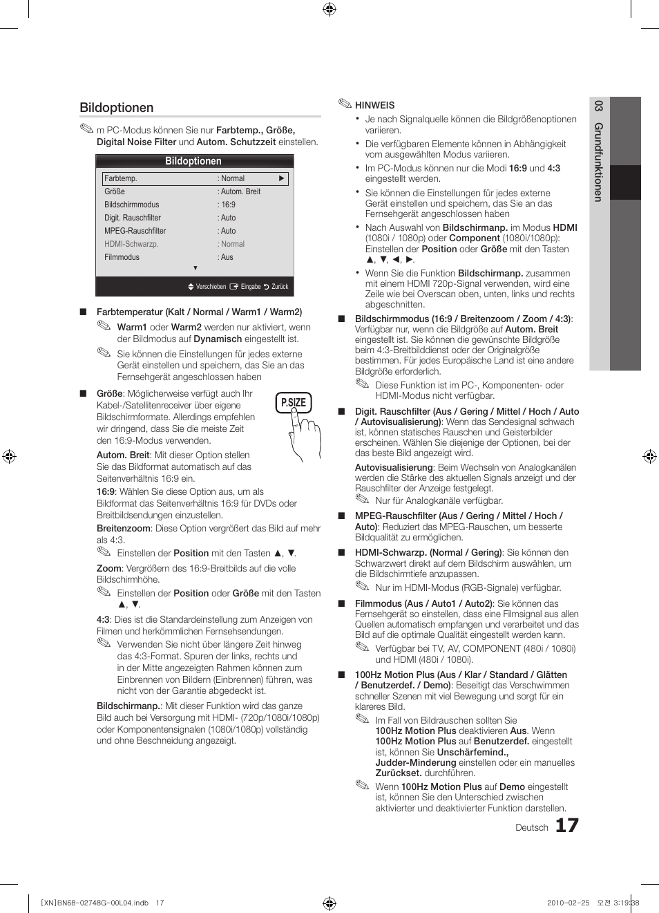 Bildoptionen | Samsung UE55C6000RW User Manual | Page 71 / 217