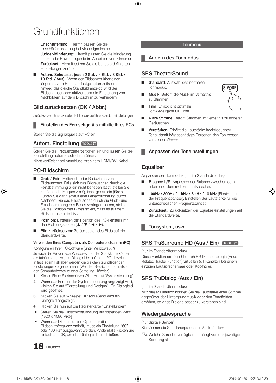 Grundfunktionen, Bild zurücksetzen (ok / abbr.), Autom. einstellung | Pc-bildschirm, Srs theatersound, Equalizer, Srs trusurround hd (aus / ein), Srs trudialog (aus / ein), Wiedergabesprache | Samsung UE55C6000RW User Manual | Page 72 / 217