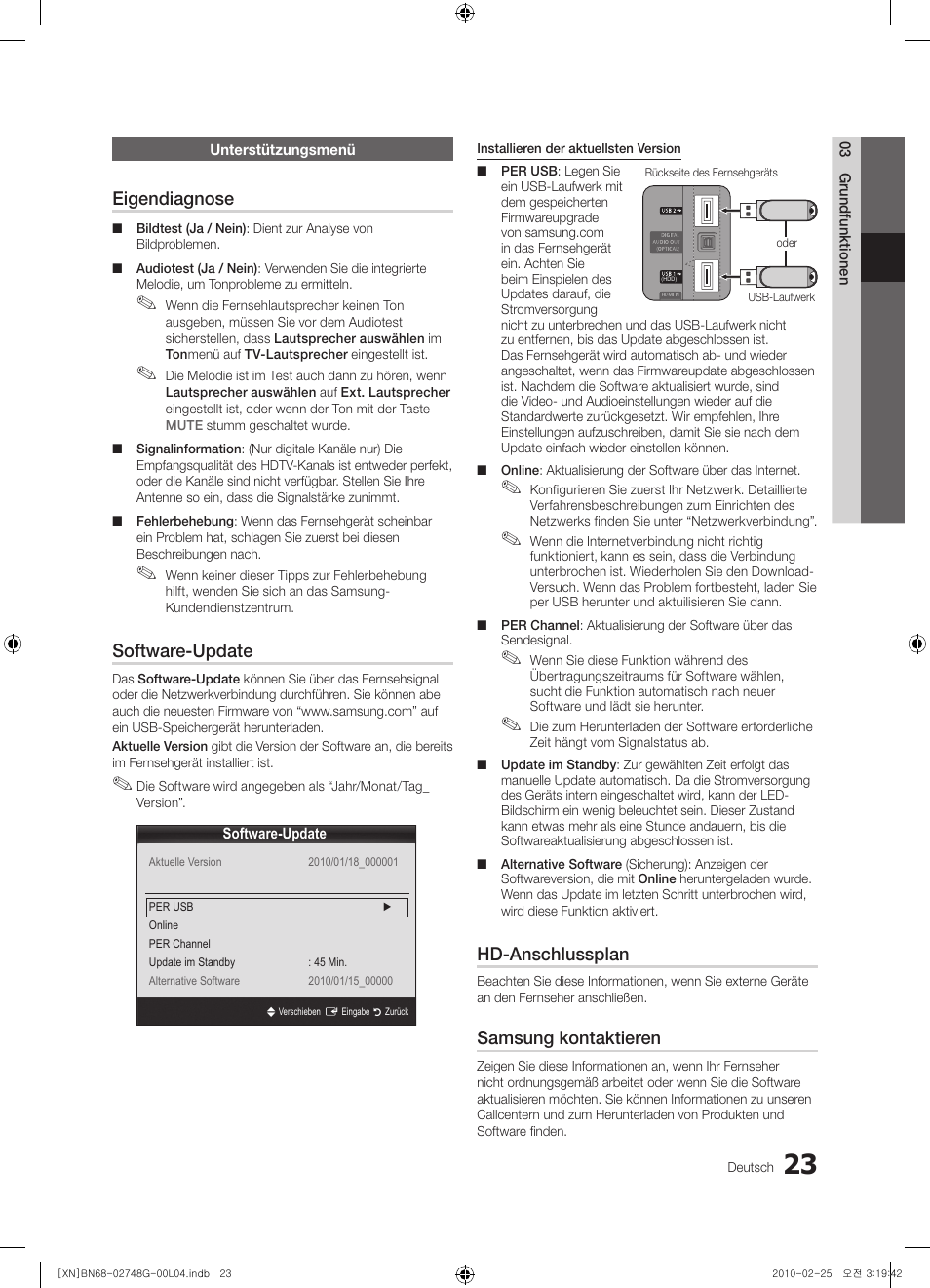 Eigendiagnose, Software-update, Hd-anschlussplan | Samsung kontaktieren | Samsung UE55C6000RW User Manual | Page 77 / 217