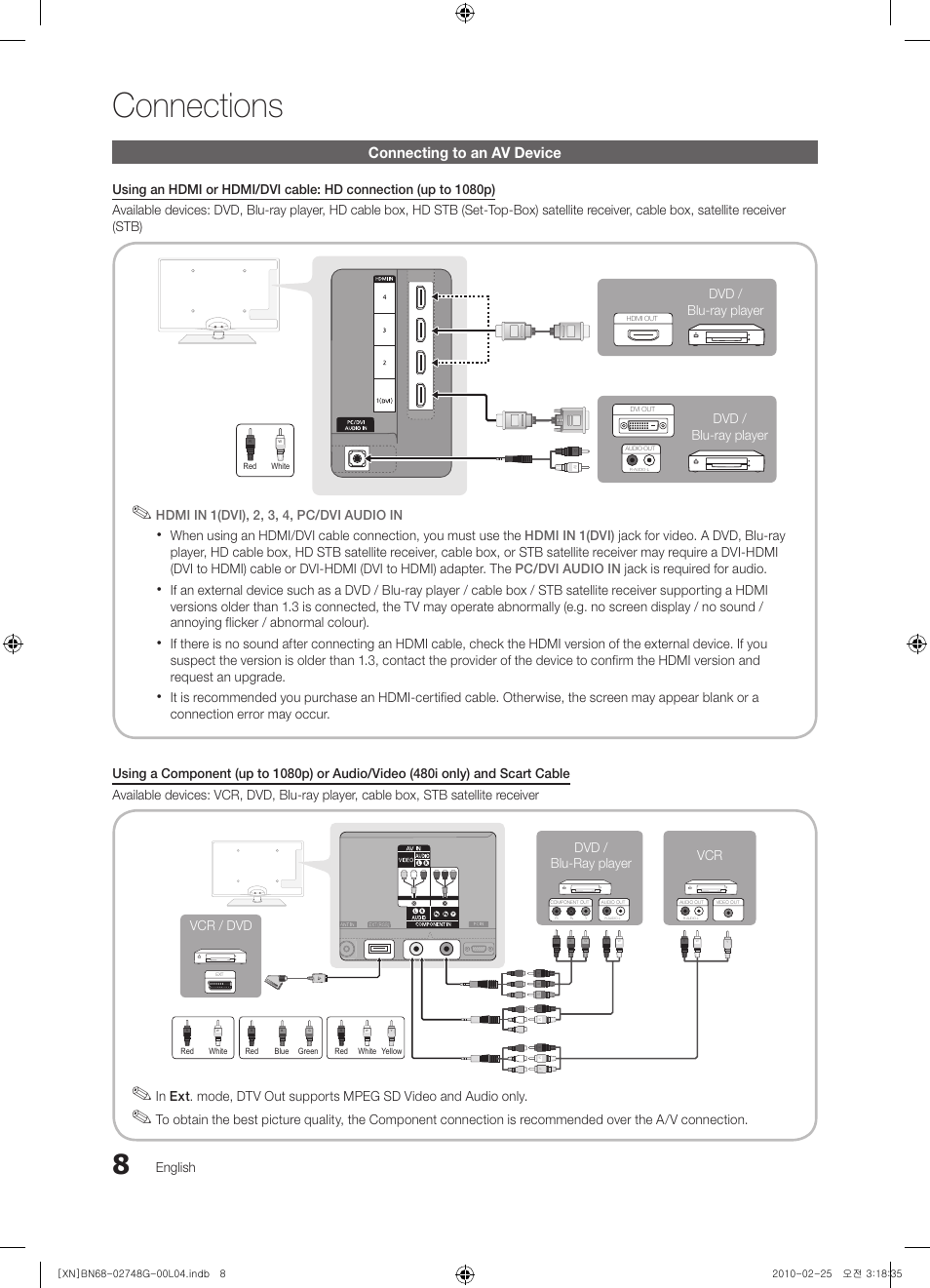 Connections, Connecting to an av device, English | Hdmi in 1(dvi), 2, 3, 4, pc/dvi audio in, Vcr / dvd vcr dvd / blu-ray player, Dvd / blu-ray player dvd / blu-ray player | Samsung UE55C6000RW User Manual | Page 8 / 217