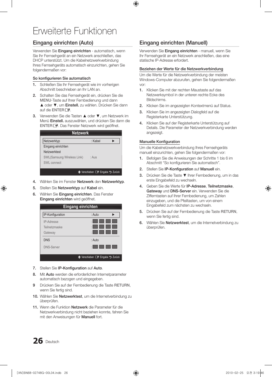 Erweiterte funktionen, Eingang einrichten (auto), Eingang einrichten (manuell) | Samsung UE55C6000RW User Manual | Page 80 / 217