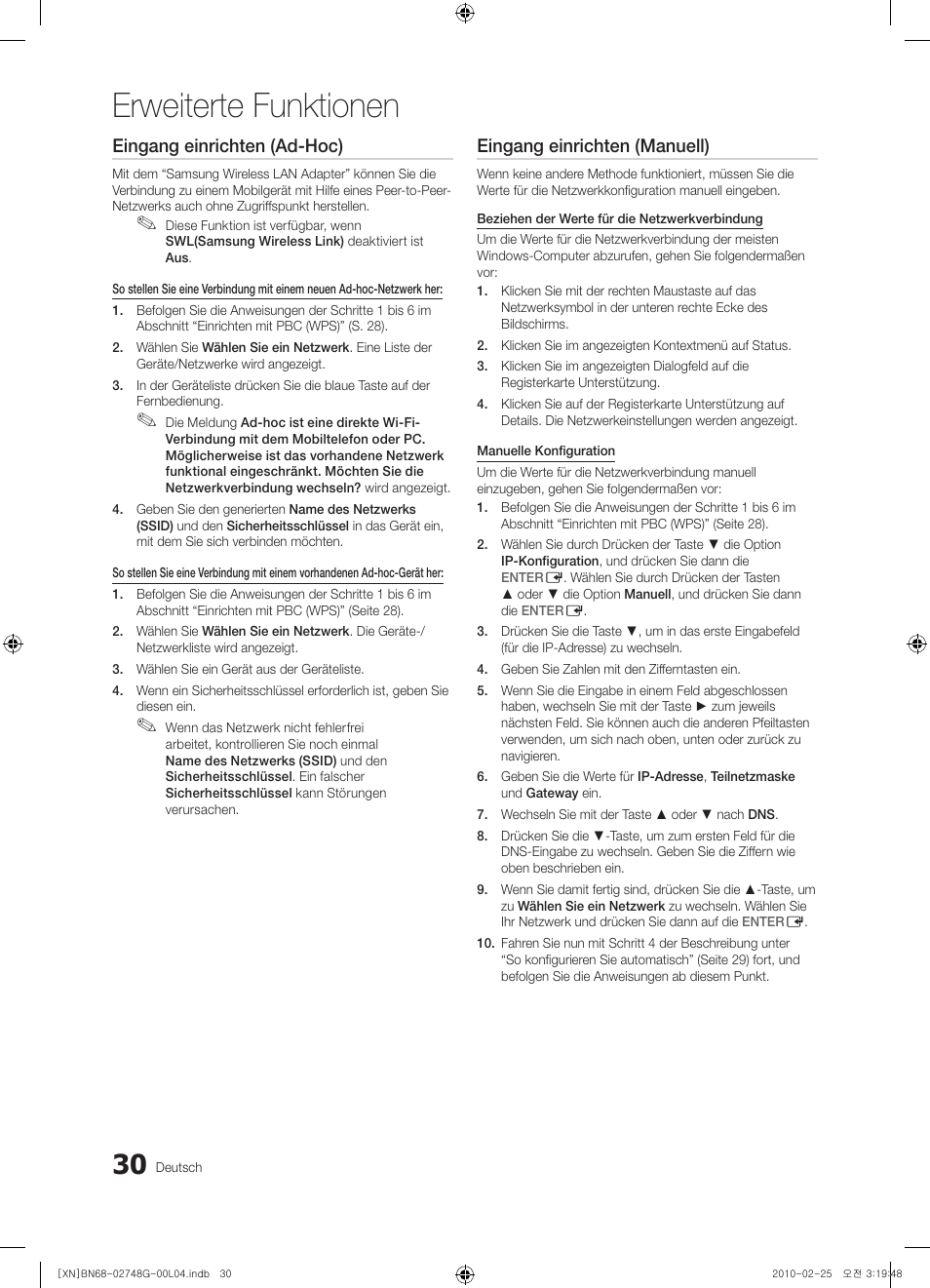 Erweiterte funktionen, Eingang einrichten (ad-hoc), Eingang einrichten (manuell) | Samsung UE55C6000RW User Manual | Page 84 / 217