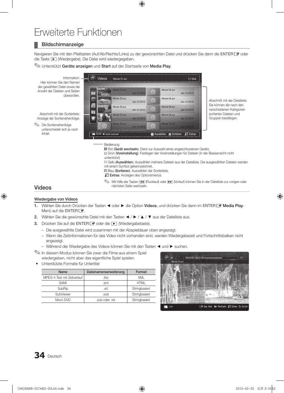 Erweiterte funktionen, Videos, Bildschirmanzeige | Samsung UE55C6000RW User Manual | Page 88 / 217