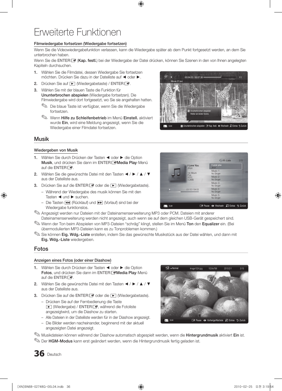 Erweiterte funktionen, Musik, Fotos | Samsung UE55C6000RW User Manual | Page 90 / 217