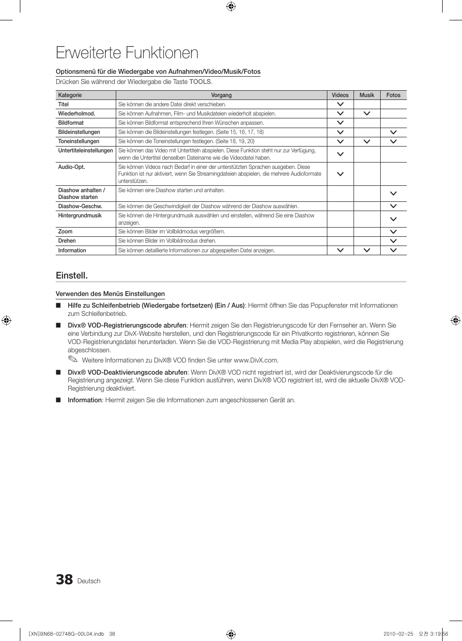 Erweiterte funktionen, Einstell | Samsung UE55C6000RW User Manual | Page 92 / 217