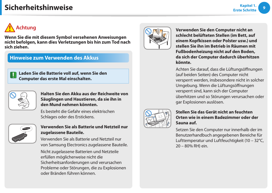 Sicherheitshinweise, Hinweise zum verwenden des akkus, Achtung | Samsung DP505A2GI User Manual | Page 10 / 147