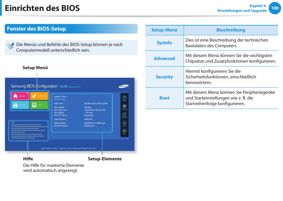 Einrichten des bios, Fenster des bios-setup | Samsung DP505A2GI User Manual | Page 101 / 147