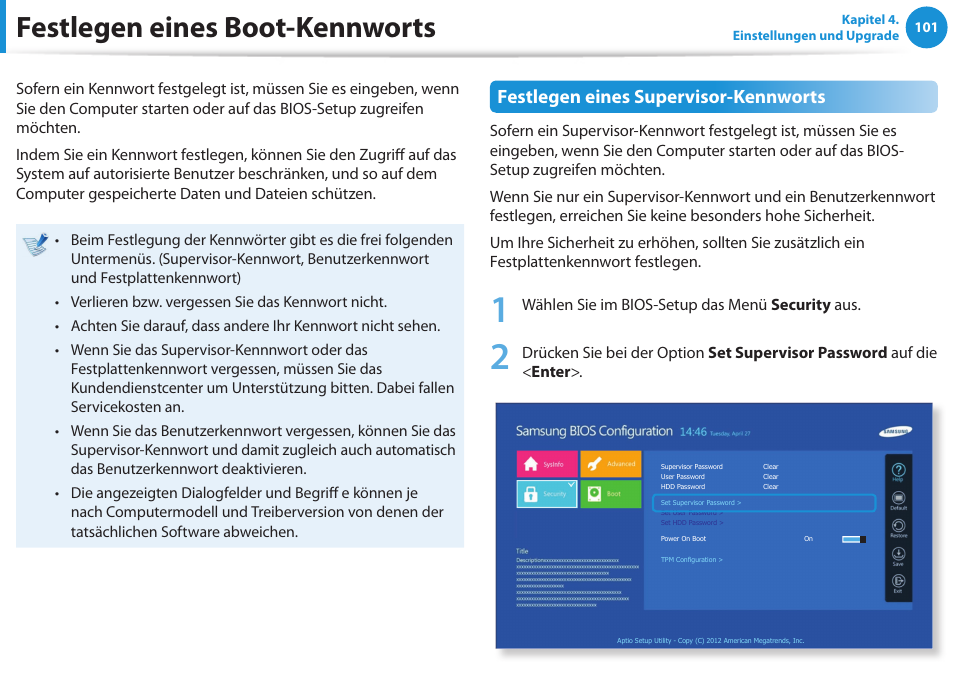 Festlegen eines boot-kennworts, Festlegen eines supervisor-kennworts | Samsung DP505A2GI User Manual | Page 102 / 147