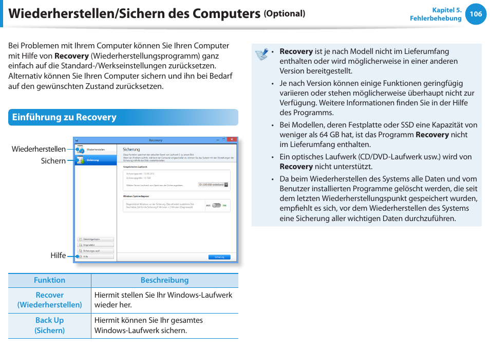 Wiederherstellen/sichern des computers (optional), Wiederherstellen/sichern des computers, Einführung zu recovery | Samsung DP505A2GI User Manual | Page 107 / 147