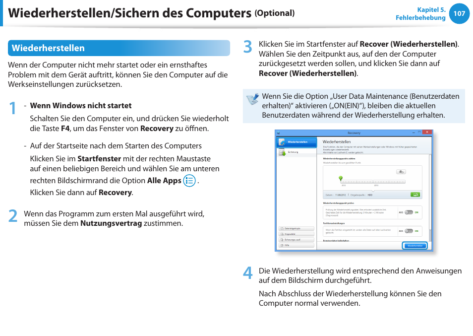 Wiederherstellen/sichern des computers | Samsung DP505A2GI User Manual | Page 108 / 147