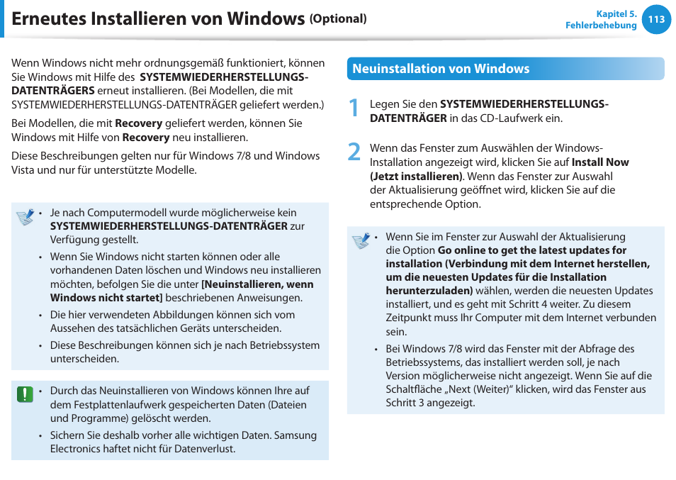 Erneutes installieren von windows (optional), Erneutes installieren von windows | Samsung DP505A2GI User Manual | Page 114 / 147