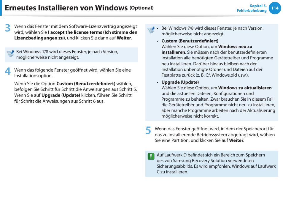 Erneutes installieren von windows | Samsung DP505A2GI User Manual | Page 115 / 147