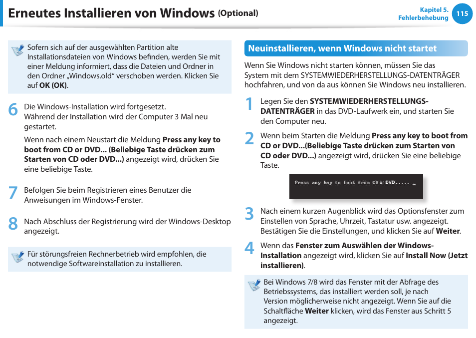 Erneutes installieren von windows | Samsung DP505A2GI User Manual | Page 116 / 147