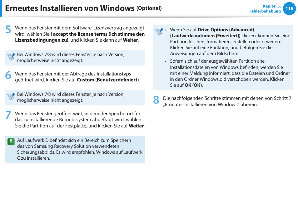 Erneutes installieren von windows | Samsung DP505A2GI User Manual | Page 117 / 147