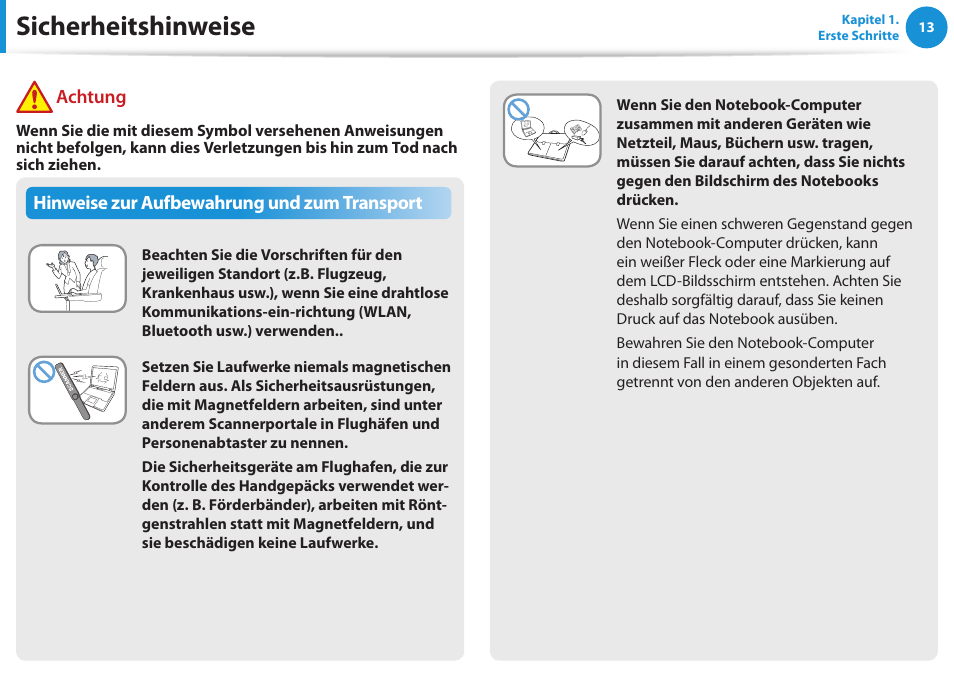 Sicherheitshinweise, Hinweise zur aufbewahrung und zum transport, Achtung | Samsung DP505A2GI User Manual | Page 14 / 147