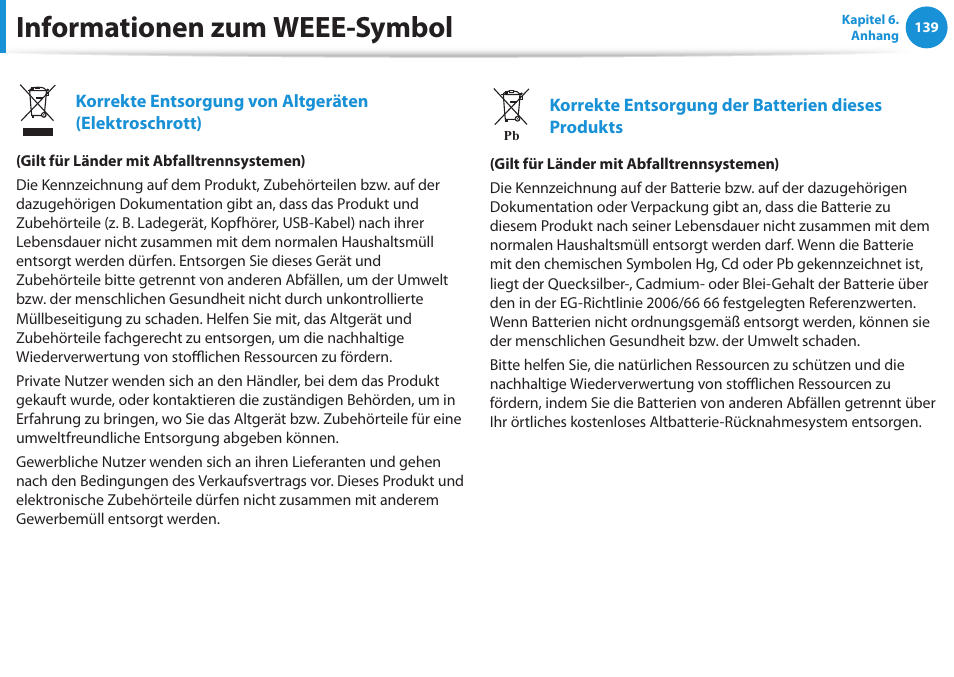 Informationen zum weee-symbol | Samsung DP505A2GI User Manual | Page 140 / 147