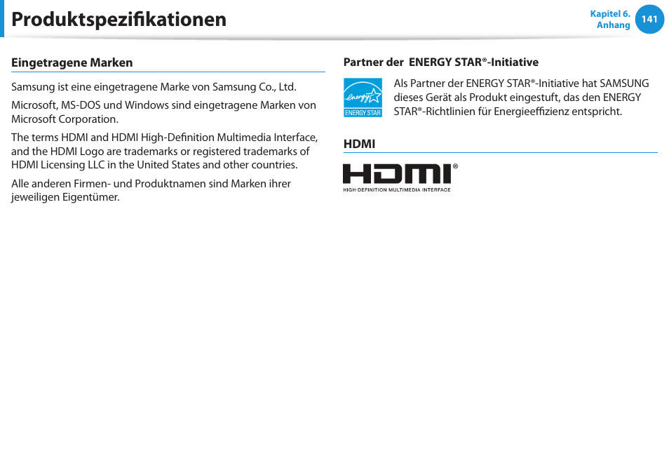 Produktspezifikationen | Samsung DP505A2GI User Manual | Page 142 / 147