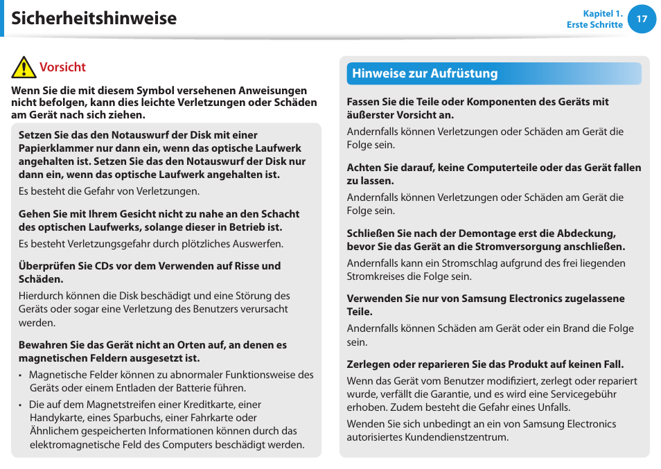 Sicherheitshinweise, Hinweise zur aufrüstung, Vorsicht | Samsung DP505A2GI User Manual | Page 18 / 147