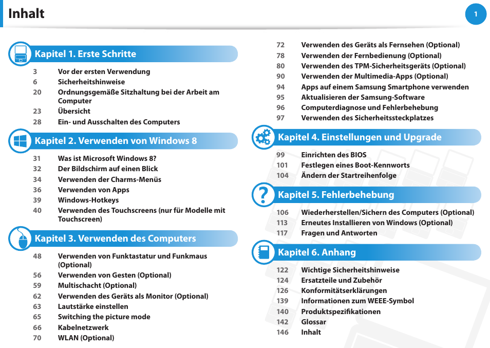 Inhalt, Kapitel 1. erste schritte, Kapitel 2. verwenden von windows 8 | Kapitel 3. verwenden des computers, Kapitel 4. einstellungen und upgrade, Kapitel 5. fehlerbehebung, Kapitel 6. anhang | Samsung DP505A2GI User Manual | Page 2 / 147