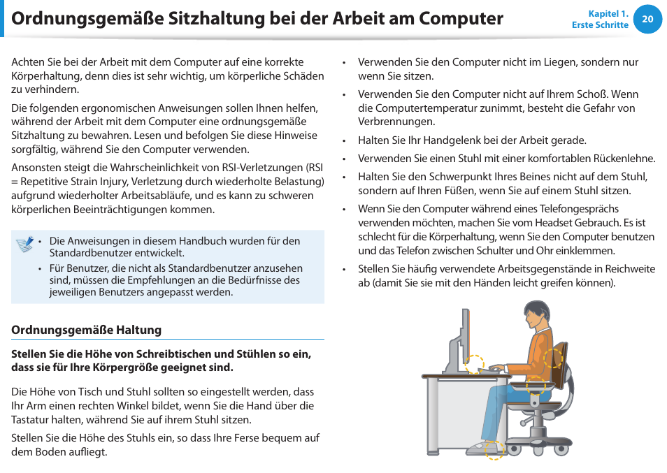 Ordnungsgemäße sitzhaltung bei der arbeit am, Computer | Samsung DP505A2GI User Manual | Page 21 / 147