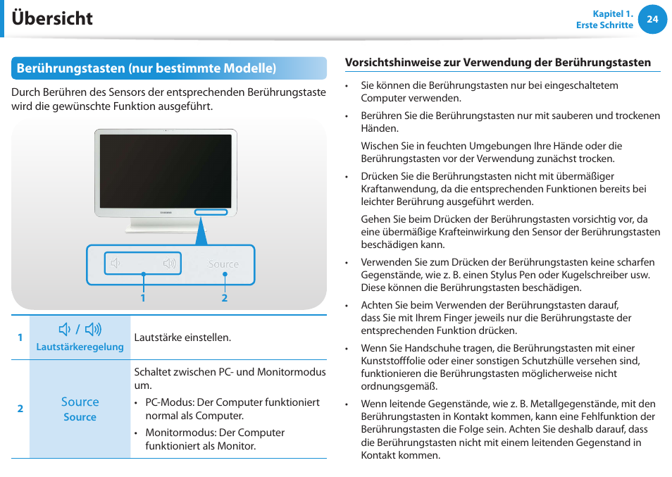 Übersicht, Berührungstasten (nur bestimmte modelle) | Samsung DP505A2GI User Manual | Page 25 / 147