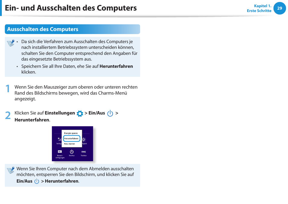 Ein- und ausschalten des computers, Ausschalten des computers | Samsung DP505A2GI User Manual | Page 30 / 147