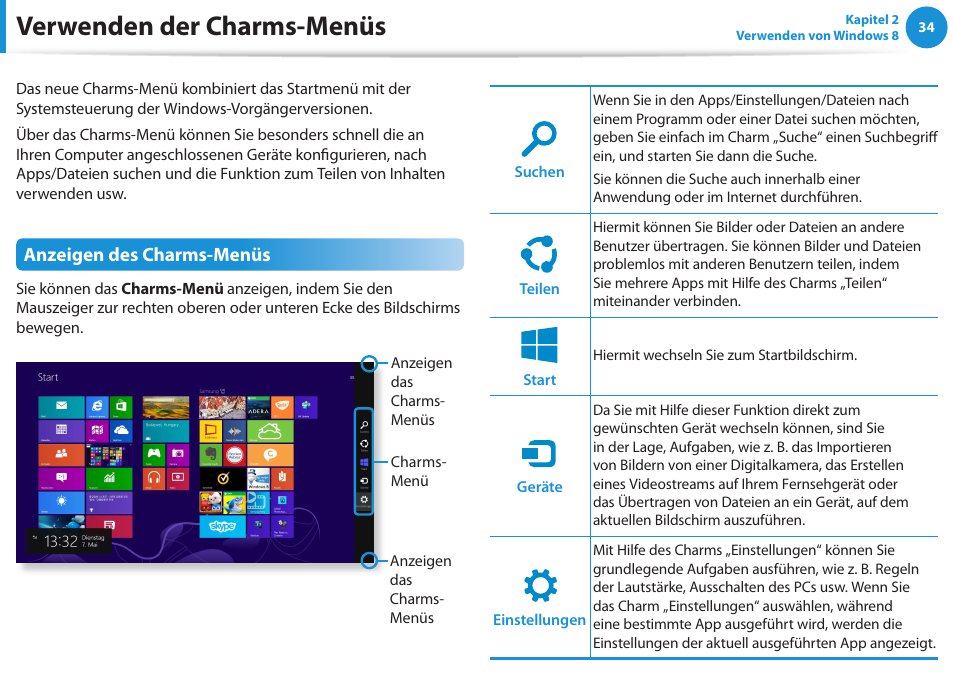 Verwenden der charms-menüs, Anzeigen des charms-menüs | Samsung DP505A2GI User Manual | Page 35 / 147