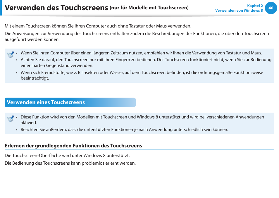 Verwenden des touchscreens (nur für modelle mit, Touchscreen), Verwenden des touchscreens | Nur für modelle mit touchscreen) | Samsung DP505A2GI User Manual | Page 41 / 147