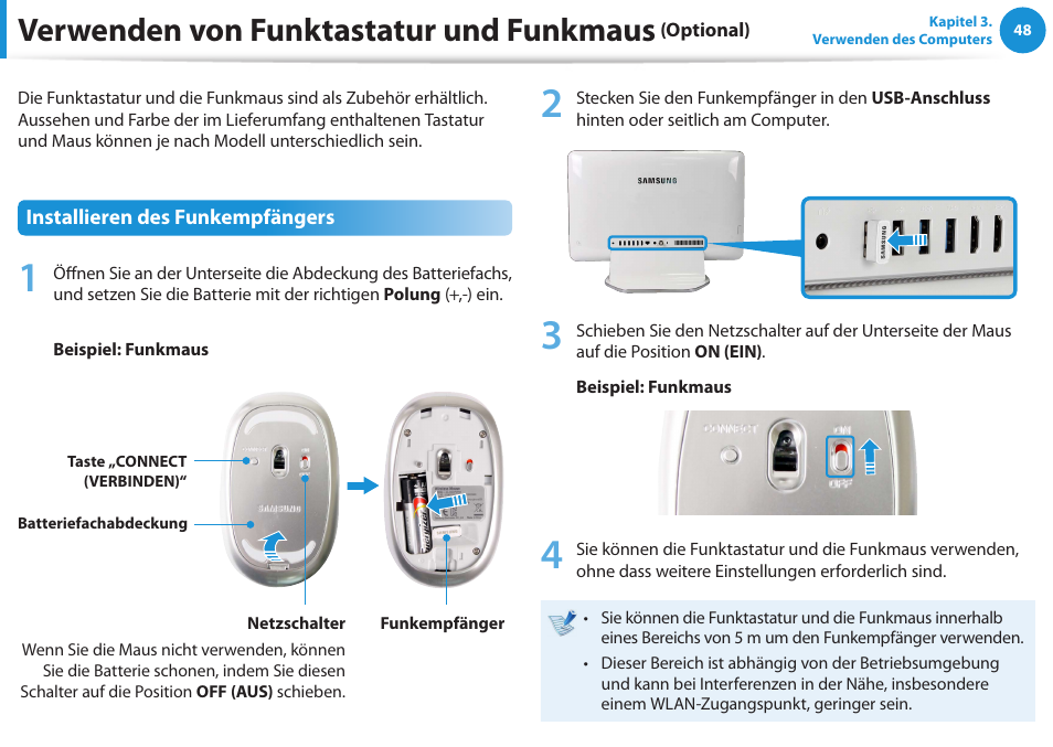 Verwenden von funktastatur und funkmaus (optional), Verwenden von funktastatur und funkmaus, Optional) | Samsung DP505A2GI User Manual | Page 49 / 147