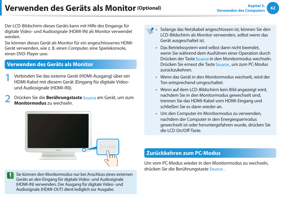 Verwenden des geräts als monitor (optional), Verwenden des geräts als monitor | Samsung DP505A2GI User Manual | Page 63 / 147