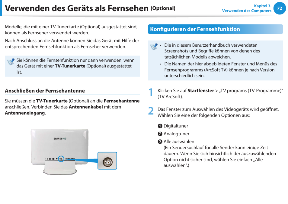 Verwenden des geräts als fernsehen (optional), Verwenden des geräts als fernsehen | Samsung DP505A2GI User Manual | Page 73 / 147