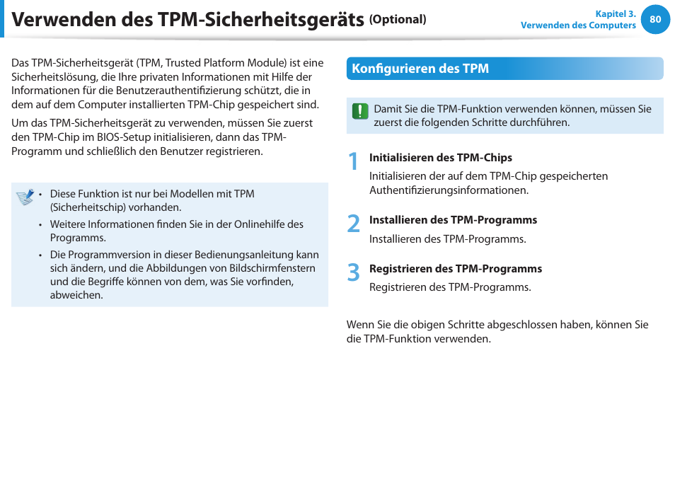 Verwenden des tpm-sicherheitsgeräts (optional), Verwenden des tpm-sicherheitsgeräts | Samsung DP505A2GI User Manual | Page 81 / 147