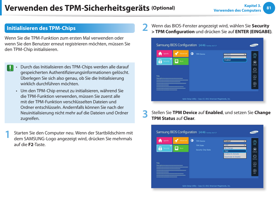 Verwenden des tpm-sicherheitsgeräts, Initialisieren des tpm-chips, Optional) | Samsung DP505A2GI User Manual | Page 82 / 147