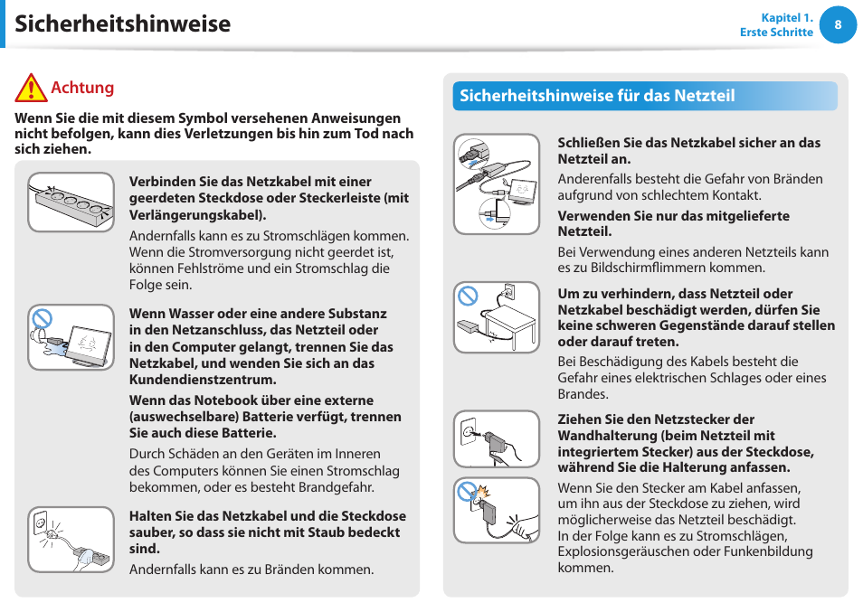 Sicherheitshinweise, Sicherheitshinweise für das netzteil, Achtung | Samsung DP505A2GI User Manual | Page 9 / 147