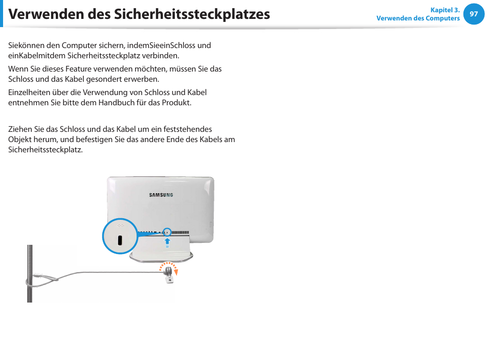 Verwenden des sicherheitssteckplatzes | Samsung DP505A2GI User Manual | Page 98 / 147