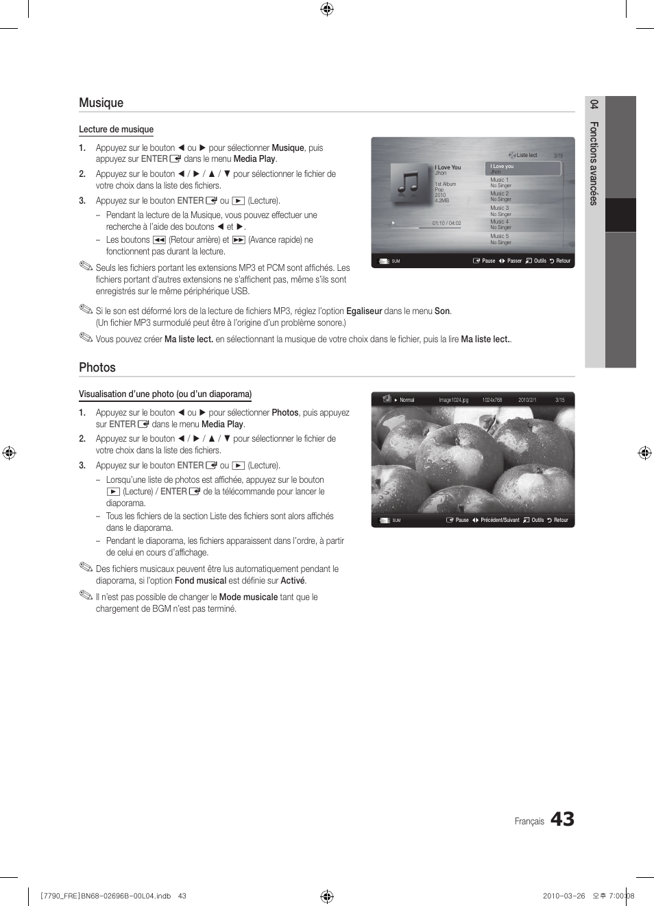 Musique, Photos | Samsung PS63C7700YS User Manual | Page 107 / 258