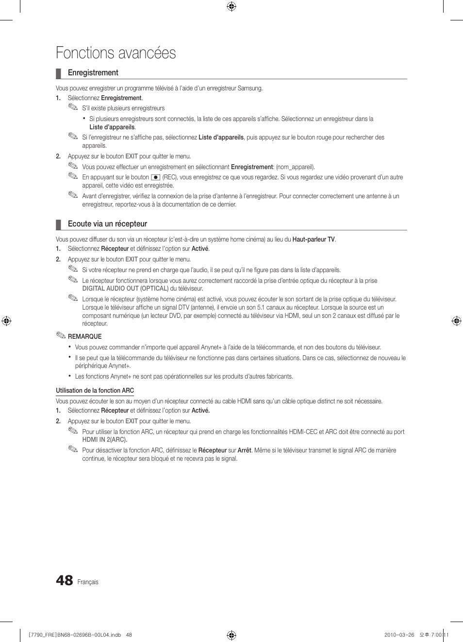 Fonctions avancées | Samsung PS63C7700YS User Manual | Page 112 / 258