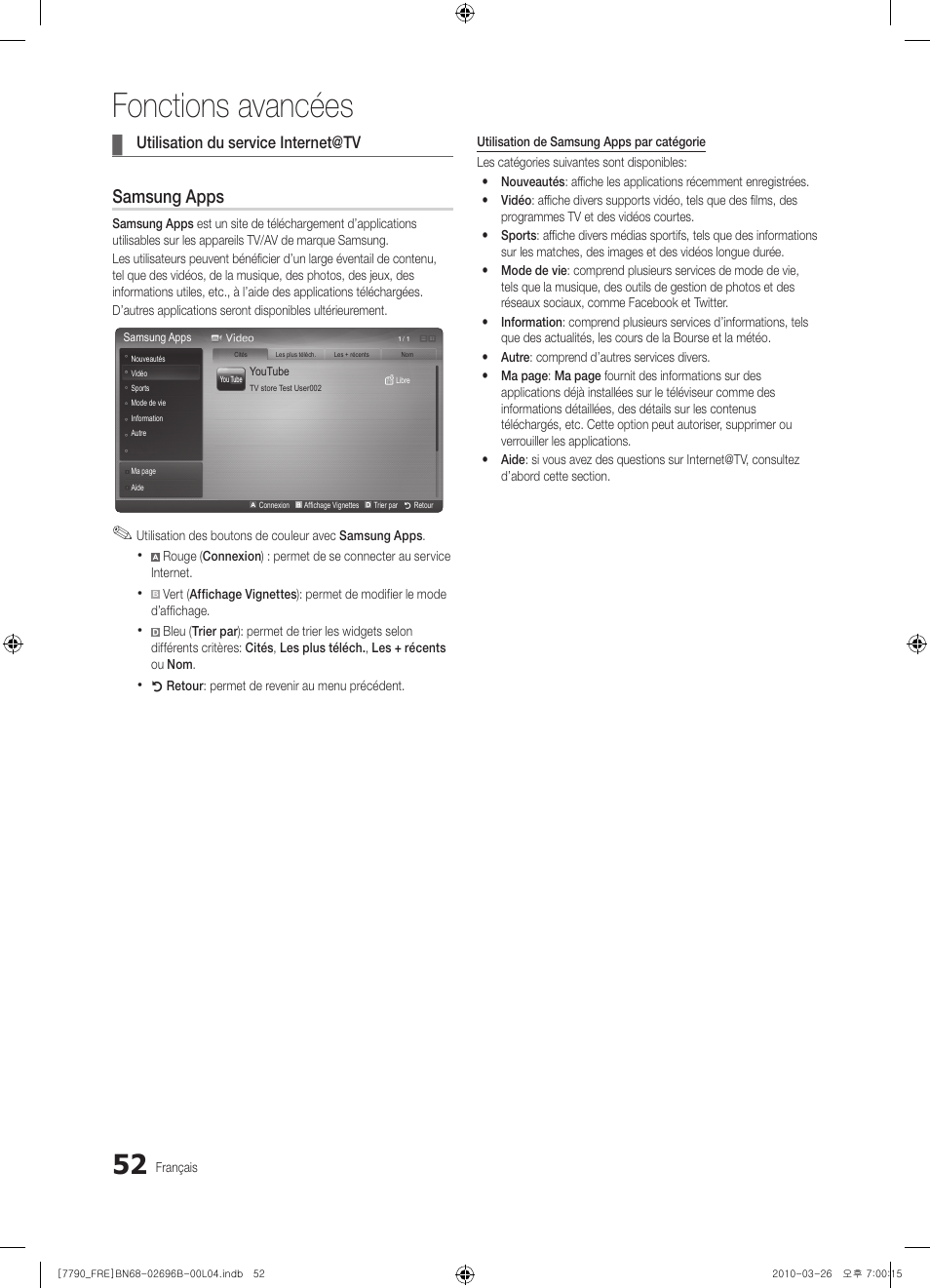 Fonctions avancées, Samsung apps | Samsung PS63C7700YS User Manual | Page 116 / 258