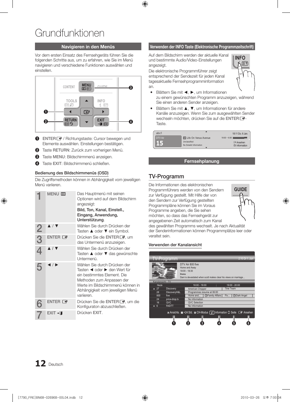 Grundfunktionen, Tv-programm, Info | Samsung PS63C7700YS User Manual | Page 140 / 258