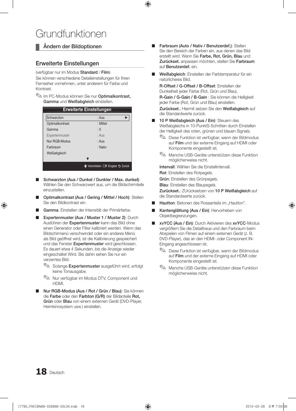 Grundfunktionen, Erweiterte einstellungen | Samsung PS63C7700YS User Manual | Page 146 / 258