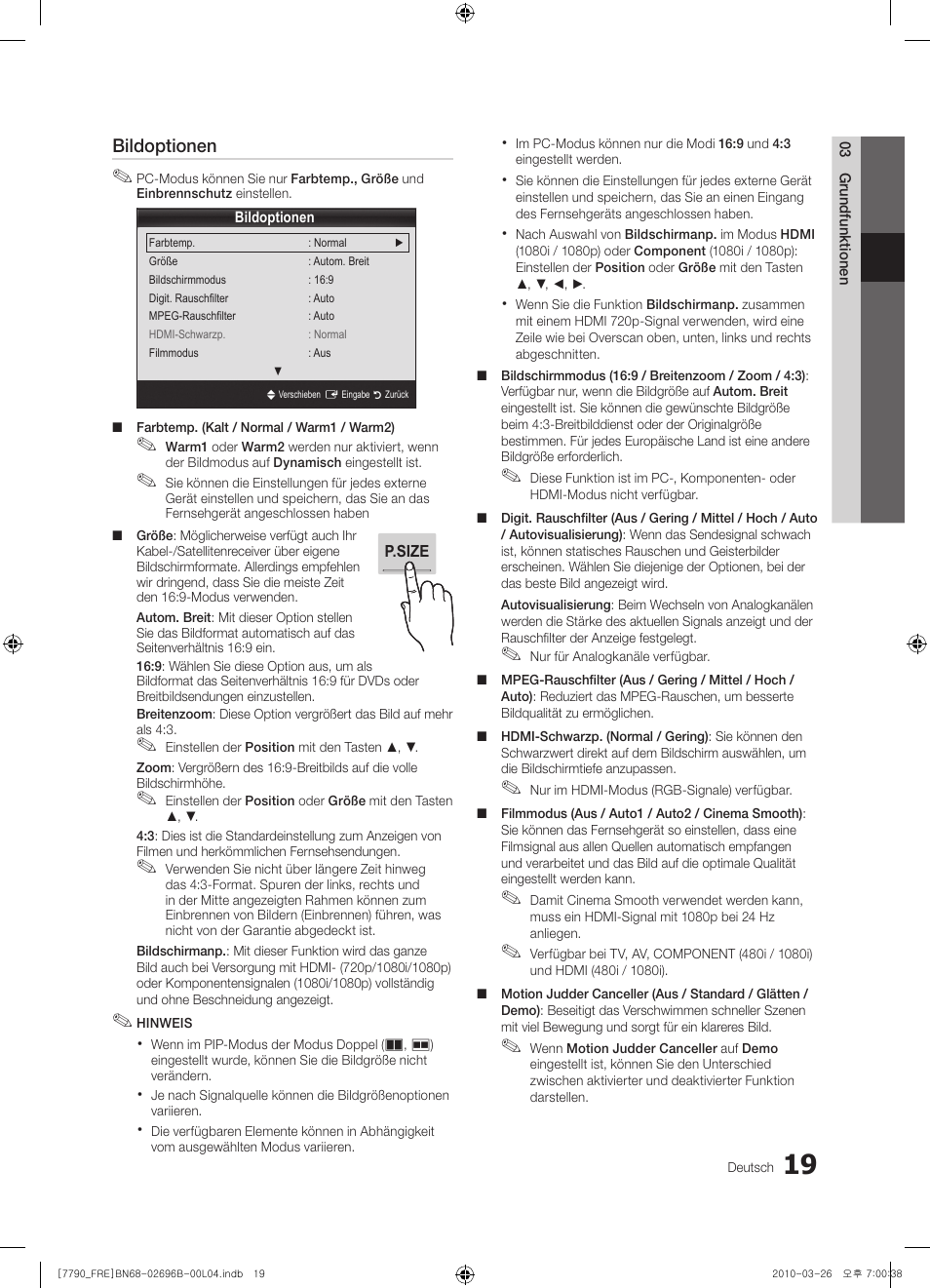 Bildoptionen | Samsung PS63C7700YS User Manual | Page 147 / 258