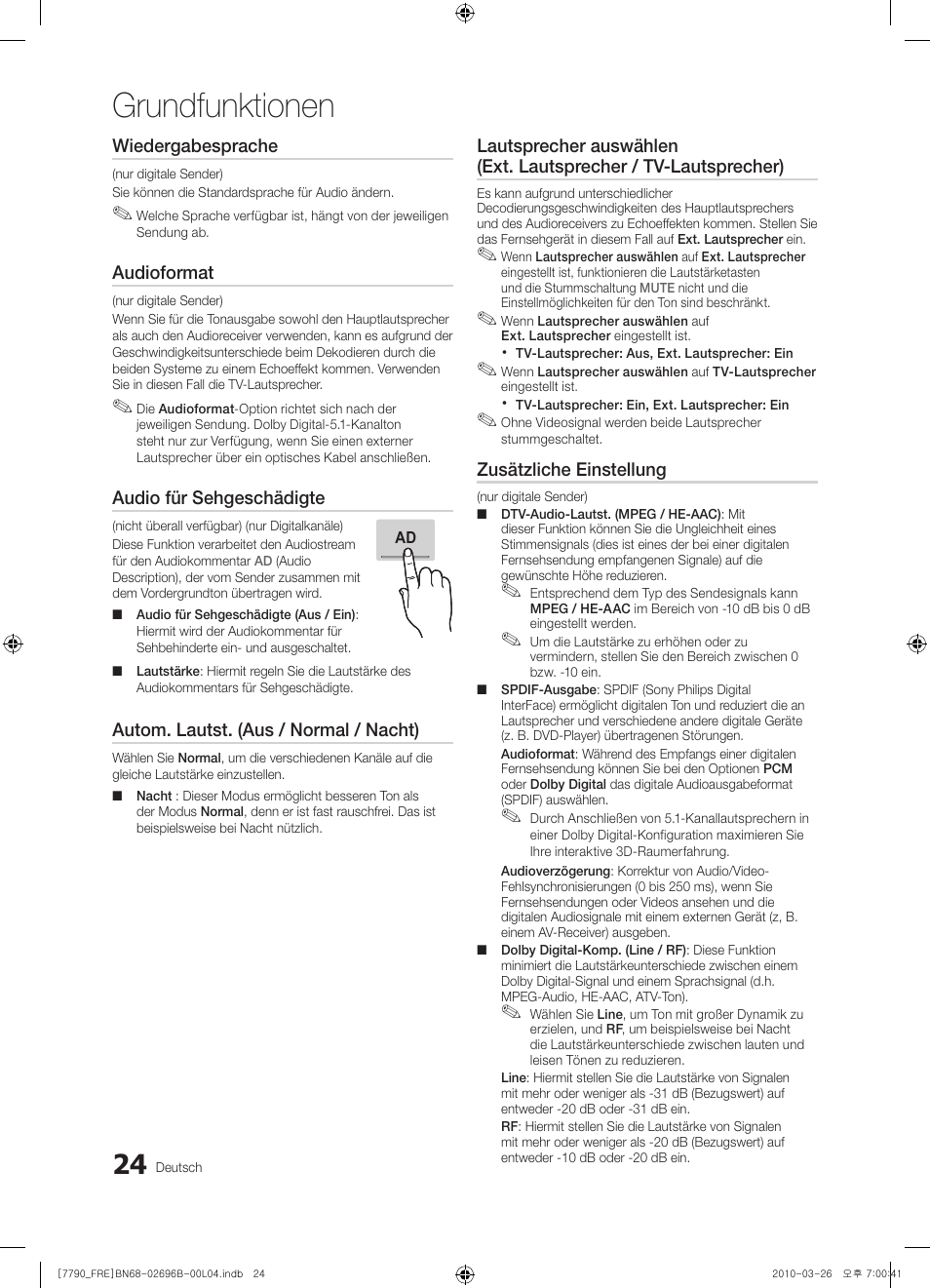 Grundfunktionen, Wiedergabesprache, Audioformat | Audio für sehgeschädigte, Autom. lautst. (aus / normal / nacht), Zusätzliche einstellung | Samsung PS63C7700YS User Manual | Page 152 / 258