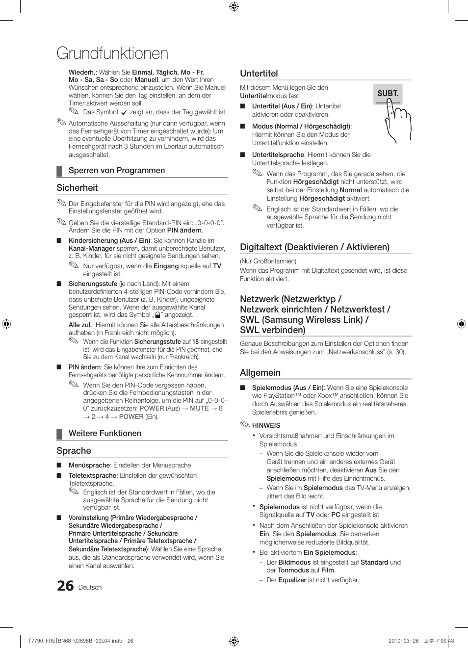 Grundfunktionen, Sicherheit, Sprache | Untertitel, Digitaltext (deaktivieren / aktivieren), Allgemein | Samsung PS63C7700YS User Manual | Page 154 / 258