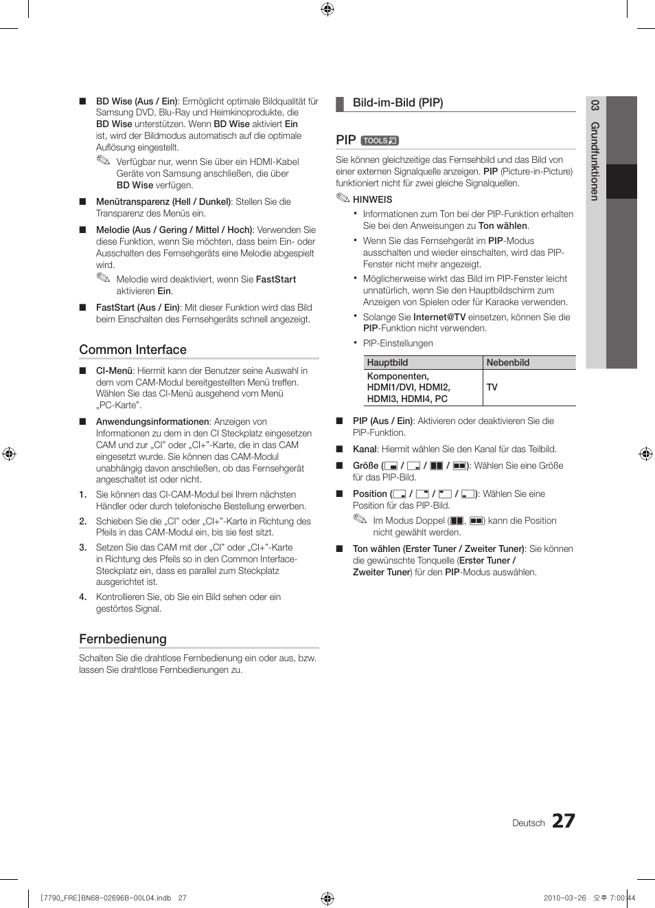 Common interface, Fernbedienung | Samsung PS63C7700YS User Manual | Page 155 / 258