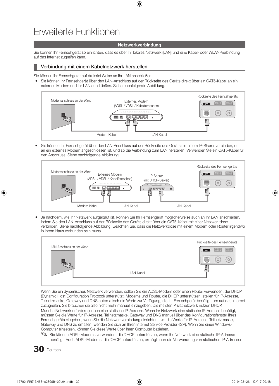 Erweiterte funktionen, Verbindung mit einem kabelnetzwerk herstellen, Netzwerkverbindung | Deutsch | Samsung PS63C7700YS User Manual | Page 158 / 258